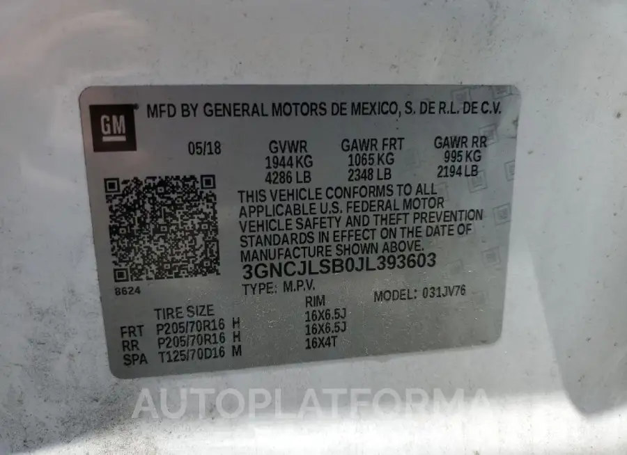 CHEVROLET TRAX 1LT 2018 vin 3GNCJLSB0JL393603 from auto auction Copart