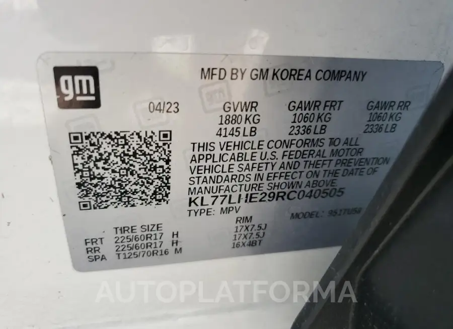 CHEVROLET TRAX 1LT 2024 vin KL77LHE29RC040505 from auto auction Copart