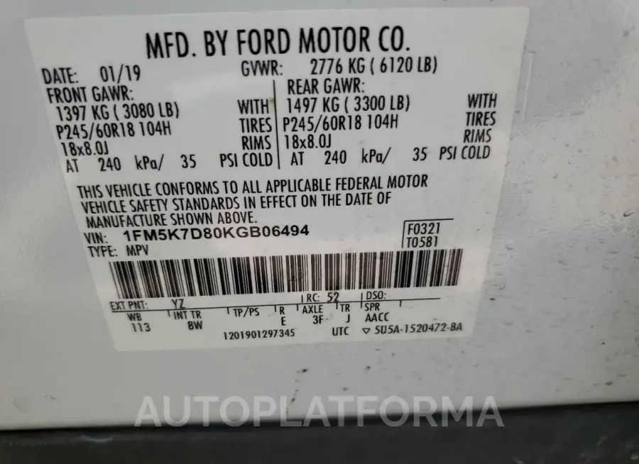 FORD EXPLORER X 2019 vin 1FM5K7D80KGB06494 from auto auction Copart