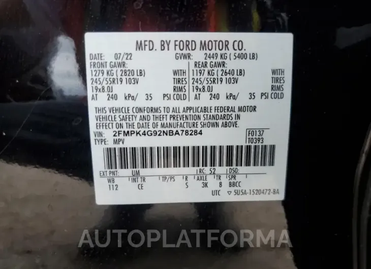 FORD EDGE SE 2022 vin 2FMPK4G92NBA78284 from auto auction Copart