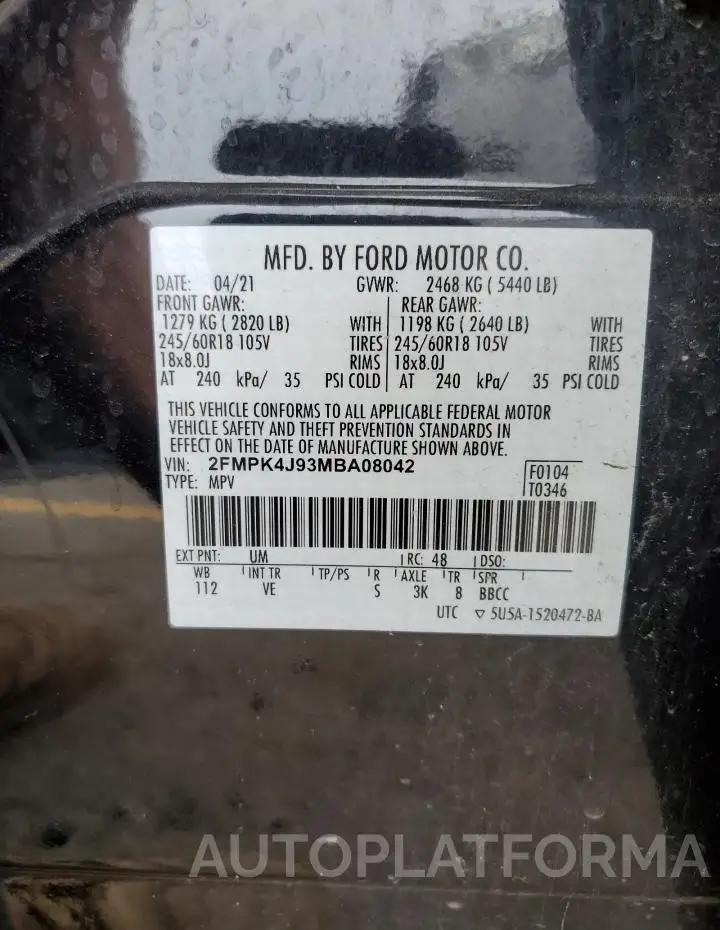 FORD EDGE SEL 2021 vin 2FMPK4J93MBA08042 from auto auction Copart