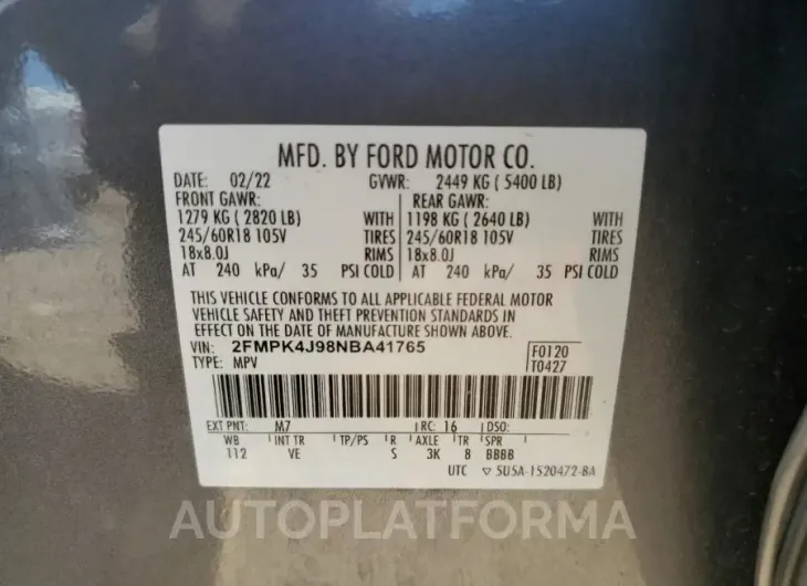 FORD EDGE SEL 2022 vin 2FMPK4J98NBA41765 from auto auction Copart