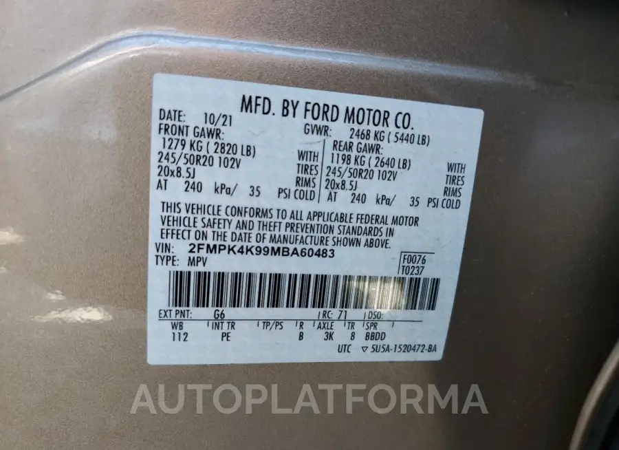 FORD EDGE TITAN 2021 vin 2FMPK4K99MBA60483 from auto auction Copart