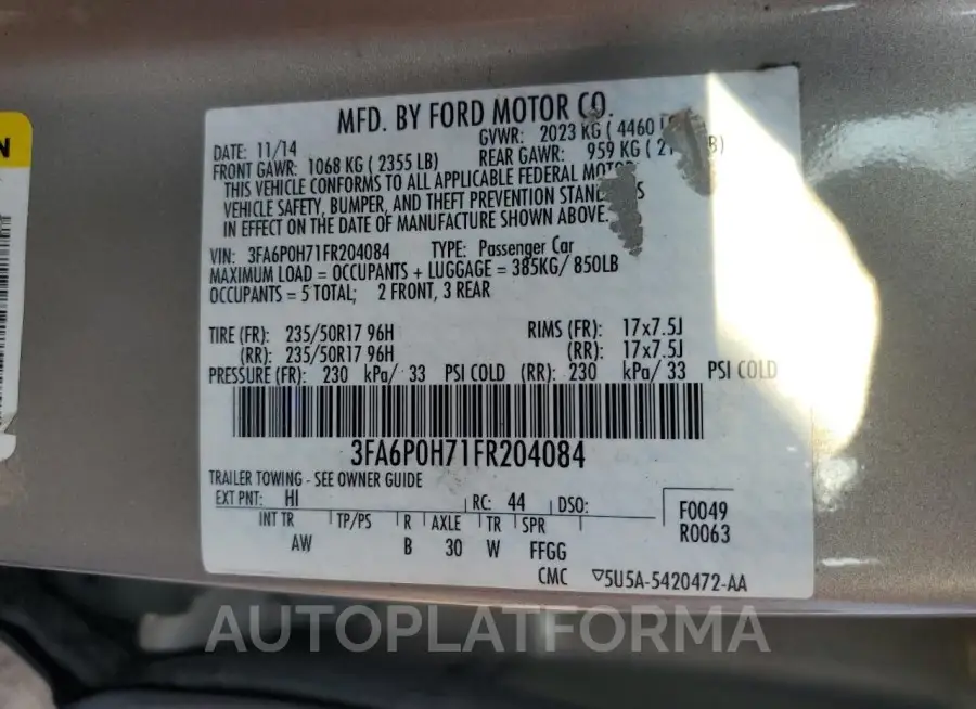 FORD FUSION SE 2015 vin 3FA6P0H71FR204084 from auto auction Copart