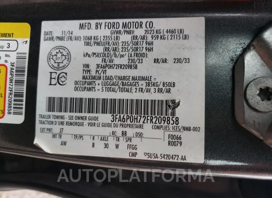 FORD FUSION SE 2015 vin 3FA6P0H72FR209858 from auto auction Copart