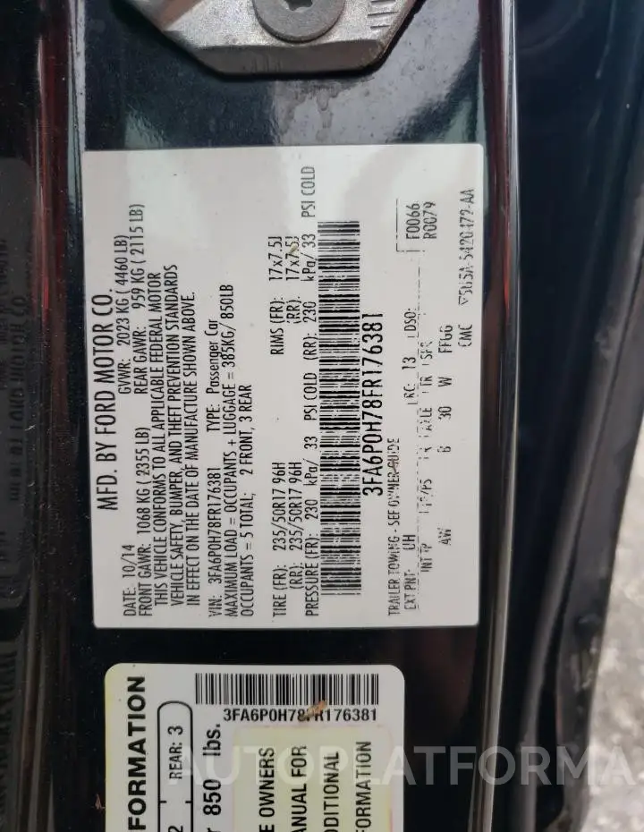 FORD FUSION SE 2015 vin 3FA6P0H78FR176381 from auto auction Copart