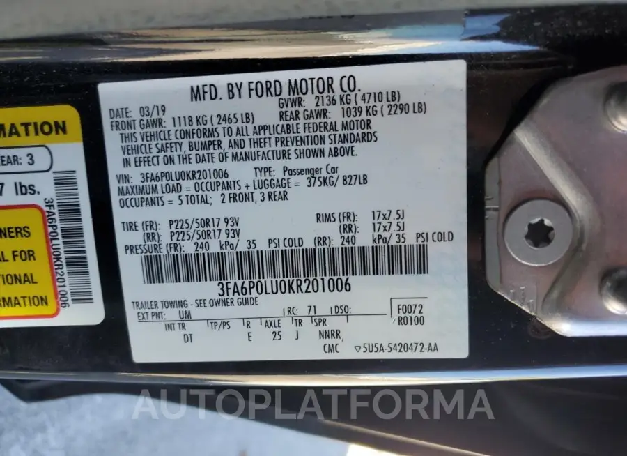 FORD FUSION SE 2019 vin 3FA6P0LU0KR201006 from auto auction Copart