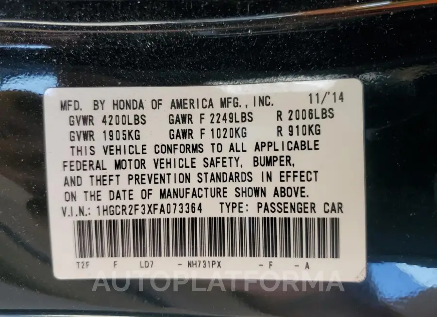 HONDA ACCORD LX 2015 vin 1HGCR2F3XFA073364 from auto auction Copart