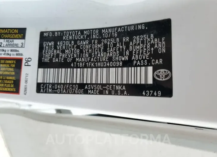 TOYOTA CAMRY LE 2017 vin 4T1BF1FK1HU340098 from auto auction Copart