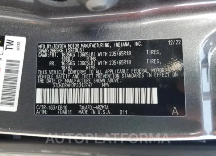 TOYOTA HIGHLANDER 2023 vin 5TDKDRAH0PS013747 from auto auction Copart