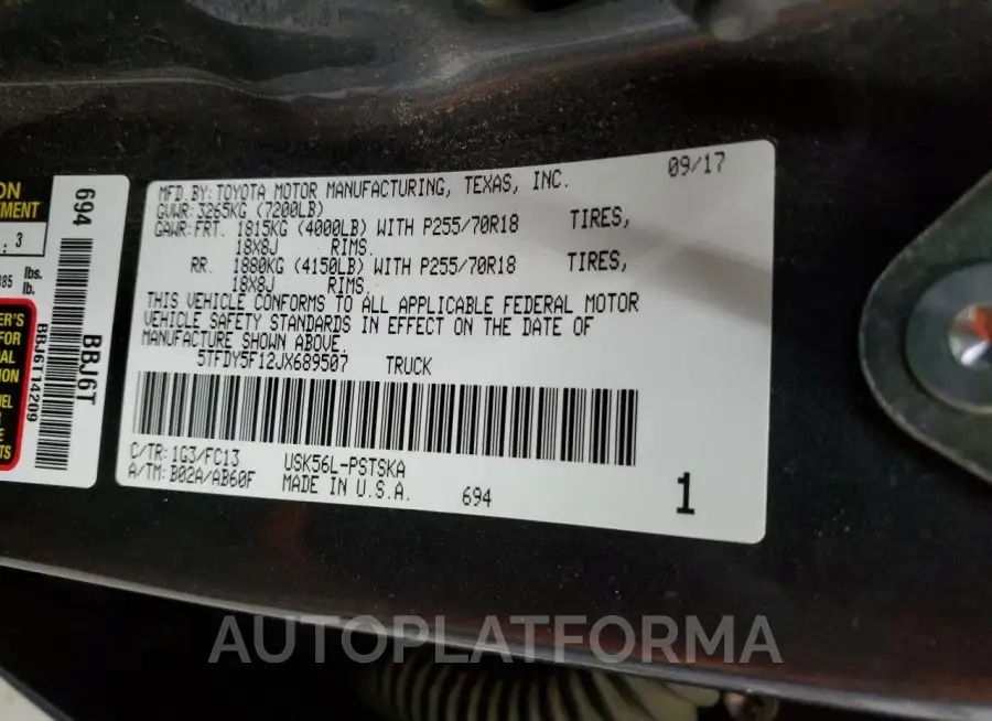 TOYOTA TUNDRA CRE 2018 vin 5TFDY5F12JX689507 from auto auction Copart