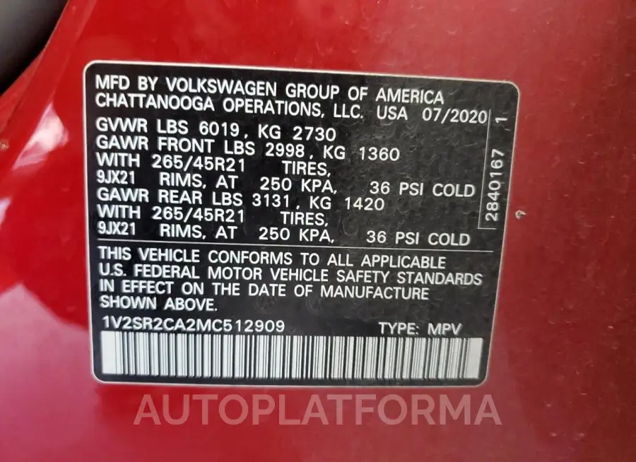 VOLKSWAGEN ATLAS SEL 2021 vin 1V2SR2CA2MC512909 from auto auction Copart