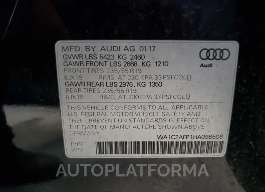 AUDI Q5 PREMIUM 2017 vin WA1C2AFP1HA098506 from auto auction Copart