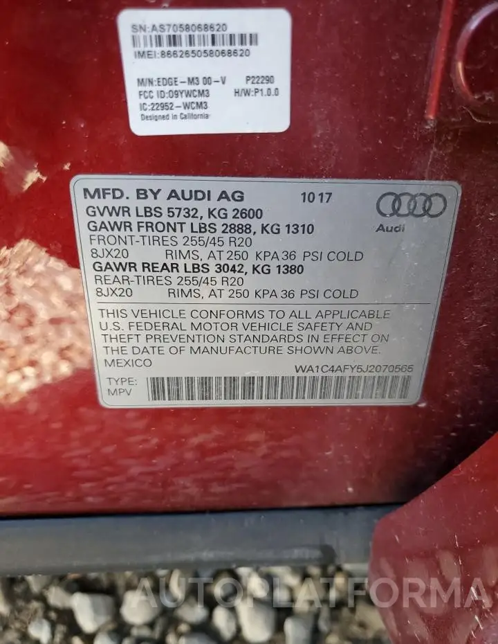 AUDI SQ5 PRESTI 2018 vin WA1C4AFY5J2070565 from auto auction Copart