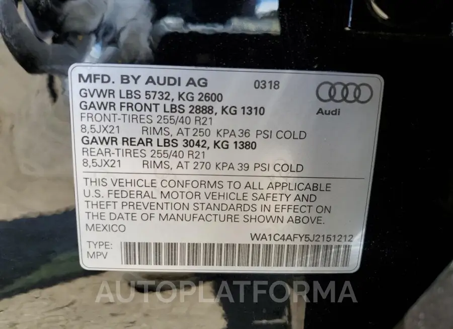 AUDI SQ5 PRESTI 2018 vin WA1C4AFY5J2151212 from auto auction Copart