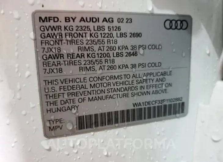 AUDI Q3 PREMIUM 2023 vin WA1DECF33P1102882 from auto auction Copart