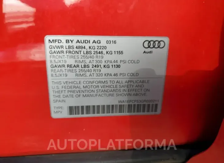 AUDI Q3 2016 vin WA1EFCFS3GR020211 from auto auction Copart