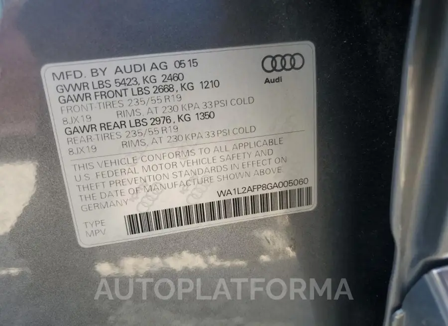 AUDI Q5 PREMIUM 2016 vin WA1L2AFP8GA005060 from auto auction Copart