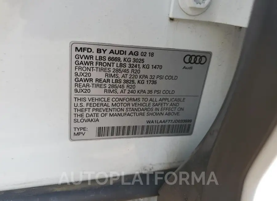 AUDI Q7 PREMIUM 2018 vin WA1LAAF77JD033599 from auto auction Copart