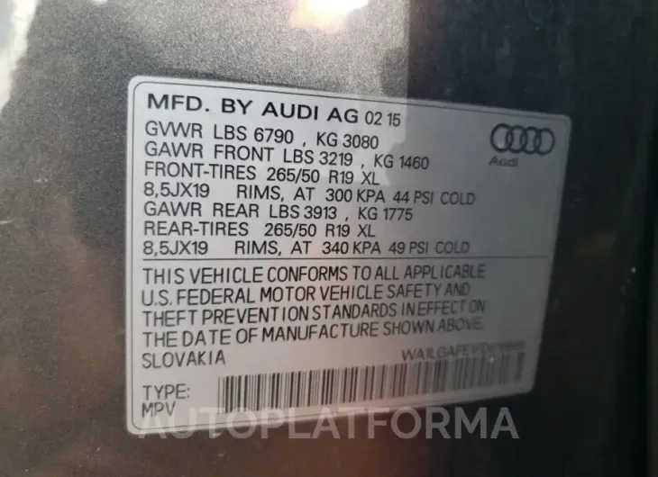 AUDI Q7 PREMIUM 2015 vin WA1LGAFE1FD016866 from auto auction Copart