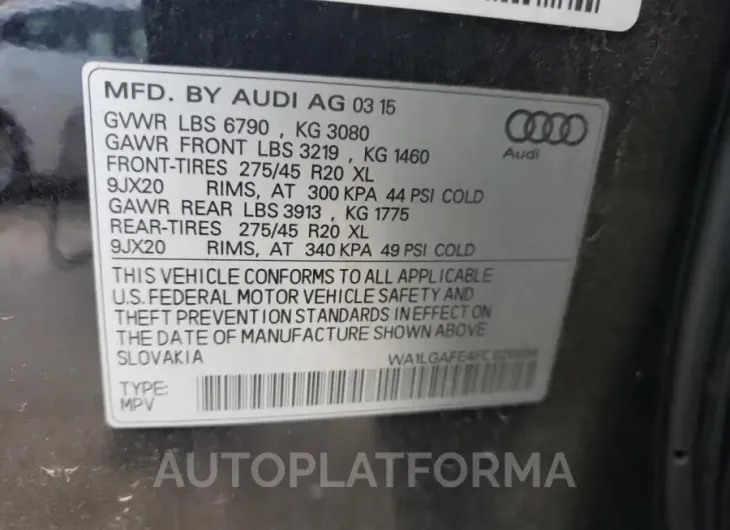 AUDI Q7 PREMIUM 2015 vin WA1LGAFE4FD020894 from auto auction Copart