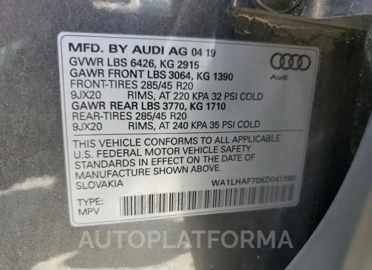 AUDI Q7 PREMIUM 2019 vin WA1LHAF70KD041590 from auto auction Copart