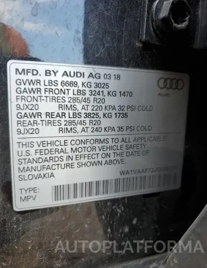 AUDI Q7 PRESTIG 2018 vin WA1VAAF72JD035706 from auto auction Copart