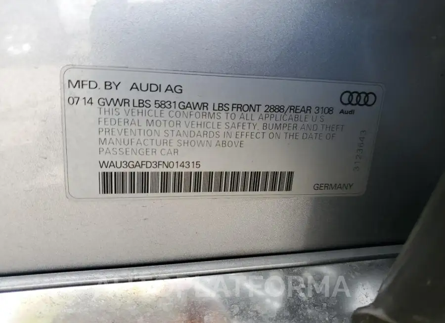 AUDI A8 L QUATT 2015 vin WAU3GAFD3FN014315 from auto auction Copart