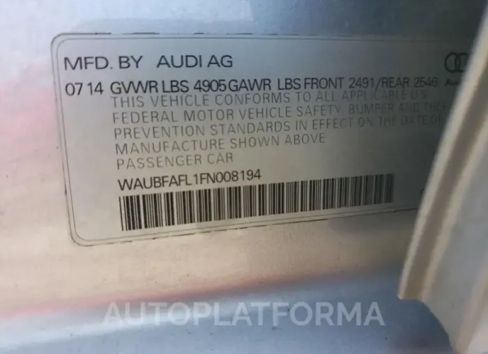 AUDI A4 PREMIUM 2015 vin WAUBFAFL1FN008194 from auto auction Copart