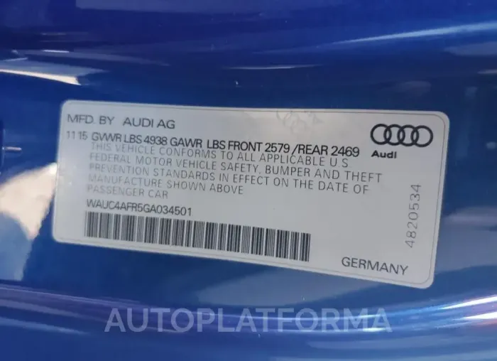 AUDI S5 PREMIUM 2016 vin WAUC4AFR5GA034501 from auto auction Copart