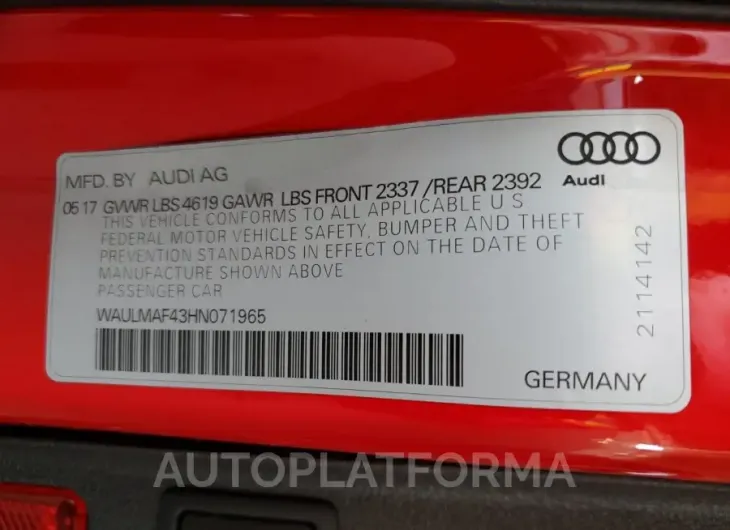 AUDI A4 ULTRA P 2017 vin WAULMAF43HN071965 from auto auction Copart