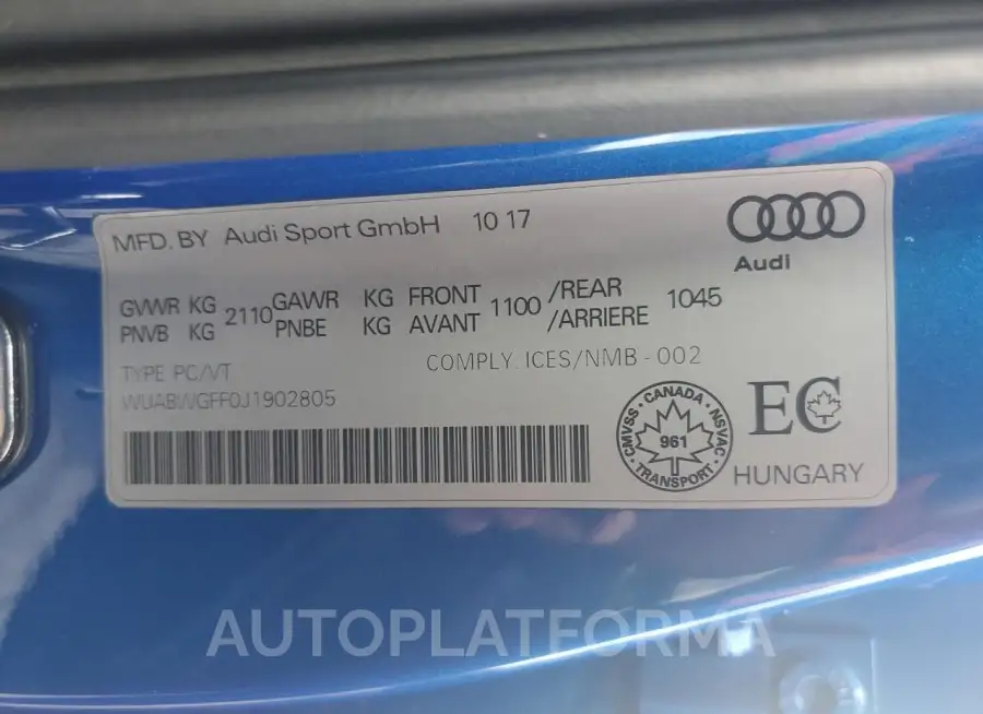 AUDI RS3 2018 vin WUABWGFF0J1902805 from auto auction Copart