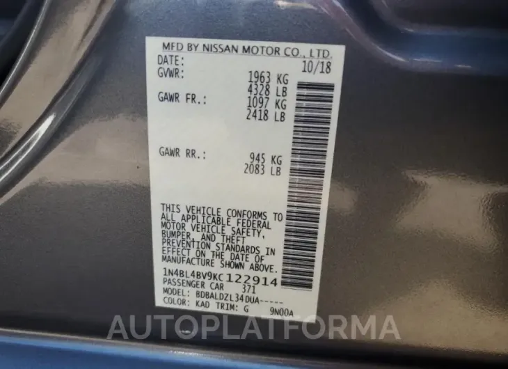 NISSAN Altima S 2019 vin 1N4BL4BV9KC122914 from auto auction Copart