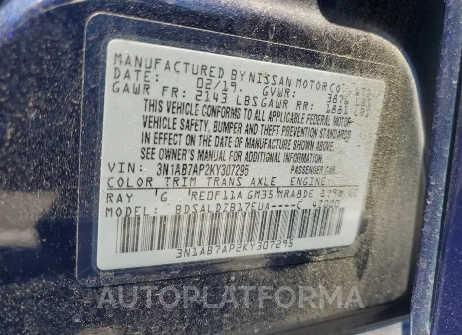 NISSAN SENTRA S 2019 vin 3N1AB7AP2KY307295 from auto auction Copart