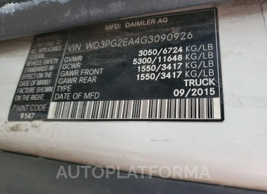 MERCEDES-BENZ METRIS 2016 vin WD3PG2EA4G3090926 from auto auction Copart