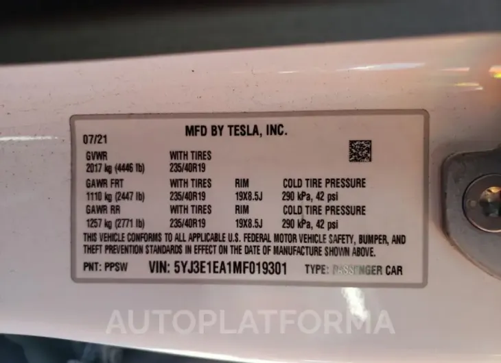 TESLA MODEL S 2021 vin 5YJ3E1EA1MF019301 from auto auction Copart