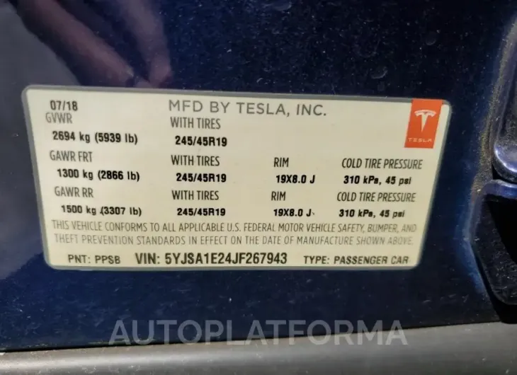 TESLA MODEL S 2018 vin 5YJSA1E24JF267943 from auto auction Copart