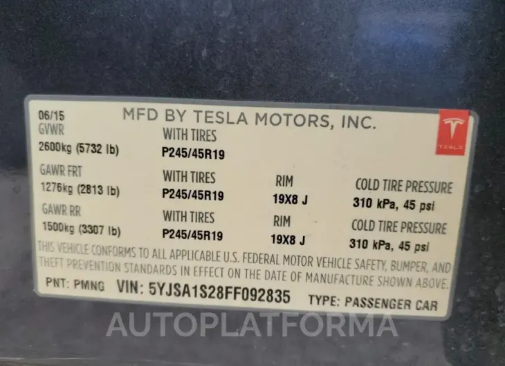 TESLA MODEL S 70 2015 vin 5YJSA1S28FF092835 from auto auction Copart