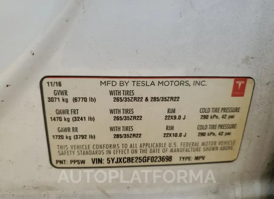 TESLA MODEL X 2016 vin 5YJXCBE25GF023698 from auto auction Copart