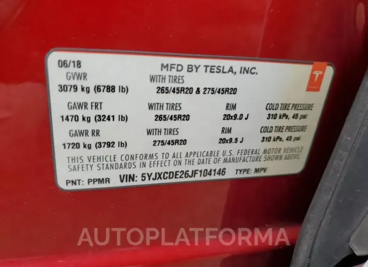 TESLA MODEL X 2018 vin 5YJXCDE26JF104146 from auto auction Copart