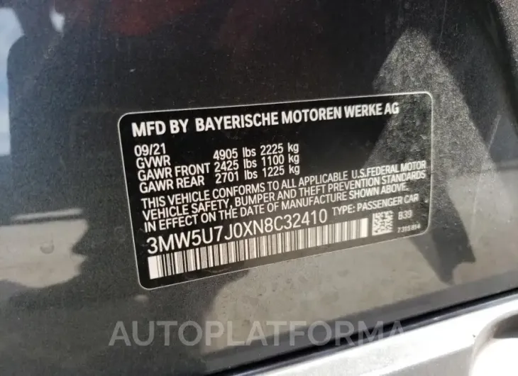 BMW M340I 2022 vin 3MW5U7J0XN8C32410 from auto auction Copart