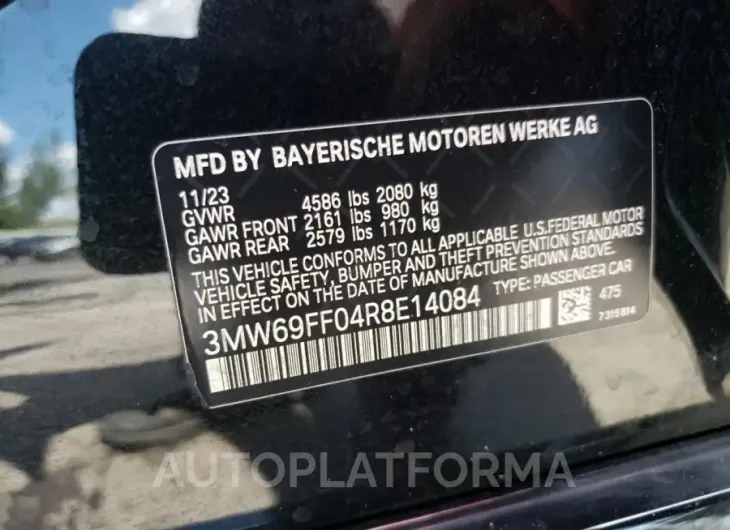 BMW 330I 2024 vin 3MW69FF04R8E14084 from auto auction Copart