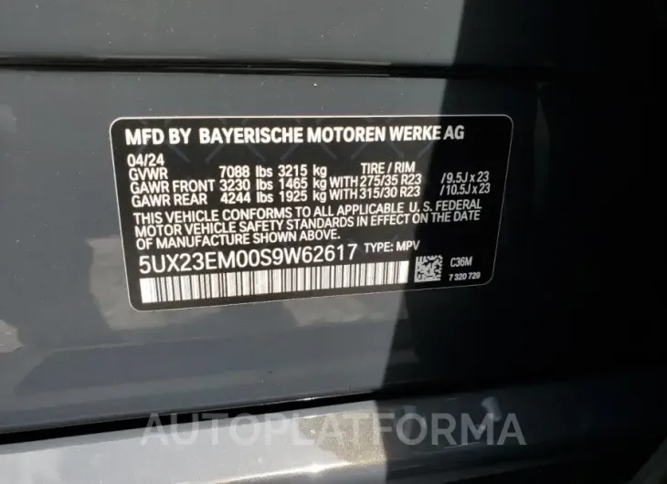 BMW X7 XDRIVE4 2025 vin 5UX23EM00S9W62617 from auto auction Copart