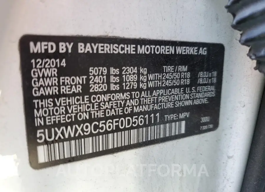 BMW X3 XDRIVE2 2015 vin 5UXWX9C56F0D56111 from auto auction Copart