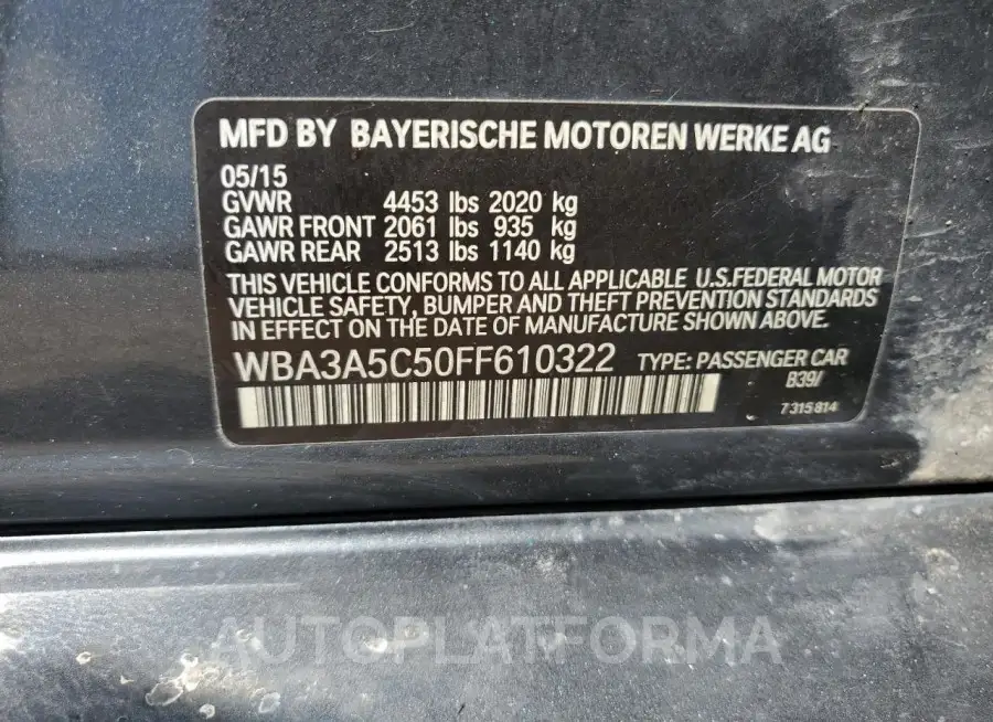 BMW 328 I 2015 vin WBA3A5C50FF610322 from auto auction Copart