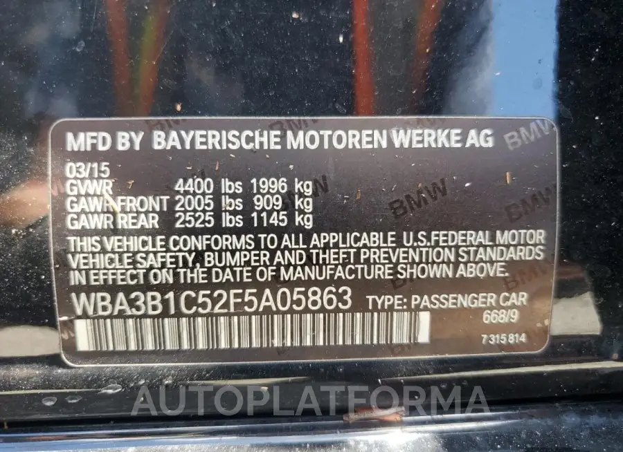 BMW 320 I 2015 vin WBA3B1C52F5A05863 from auto auction Copart