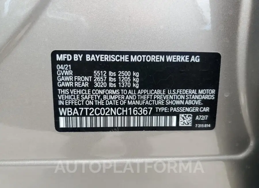 BMW 740 I 2022 vin WBA7T2C02NCH16367 from auto auction Copart