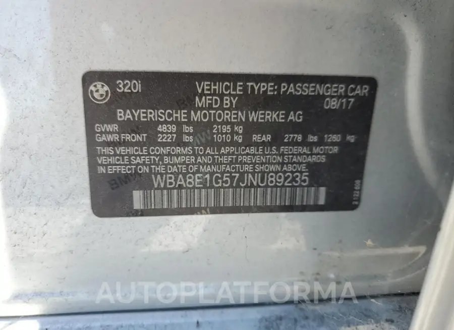 BMW 320 I 2018 vin WBA8E1G57JNU89235 from auto auction Copart