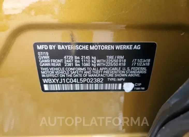 BMW X2 XDRIVE2 2020 vin WBXYJ1C04L5P02382 from auto auction Copart