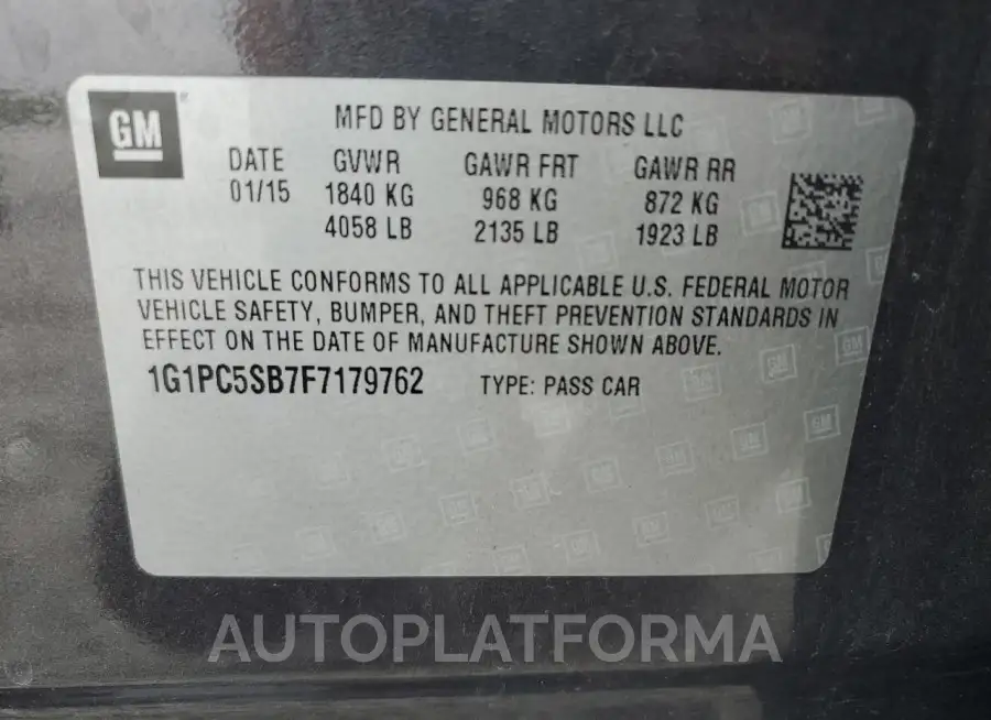 CHEVROLET CRUZE LT 2015 vin 1G1PC5SB7F7179762 from auto auction Copart